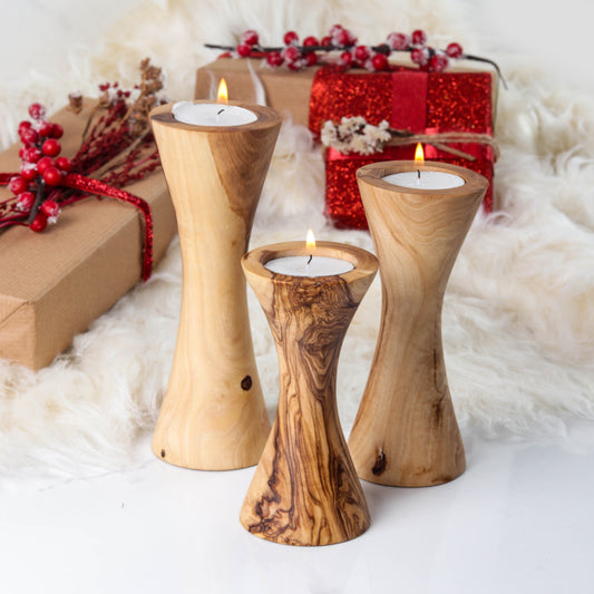 Set of 3 handmade olive wood candle holders