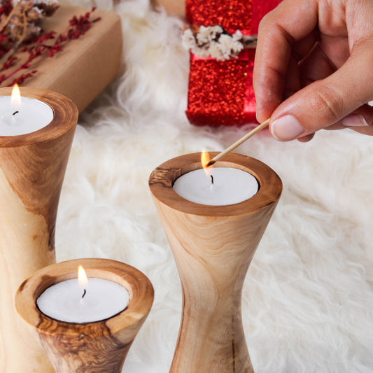 Set of 3 handmade olive wood candle holders